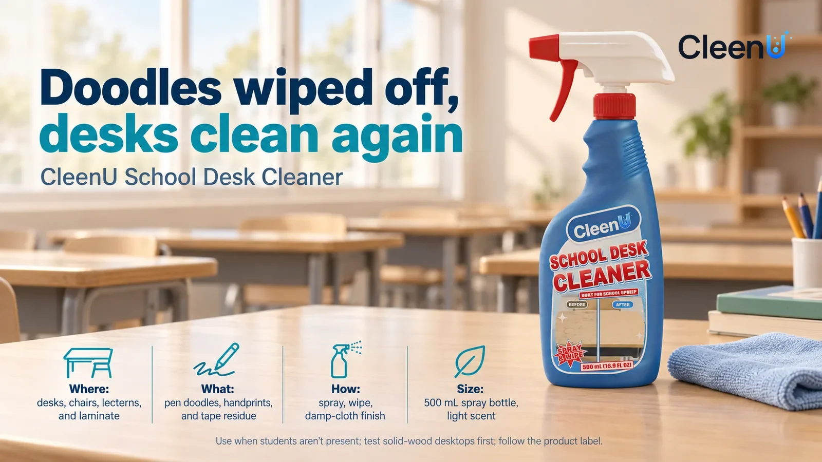Illustration: CleenU School Desk Cleaner stands in the right third of the frame on a clean light wood-grain desk, a pale-blue microfiber cloth beside it Headline: "Doodles wiped off, desks clean again