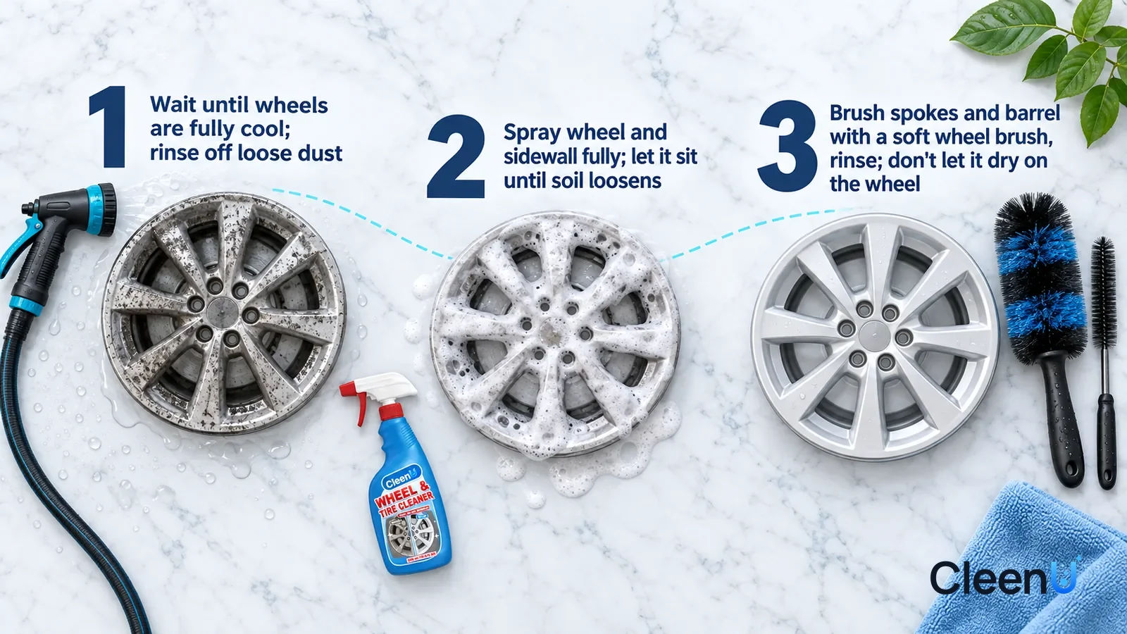 Illustration: CleenU Wheel & Tire Cleaner — an overhead shot straight down onto a light marble tabletop, no bottle and no hands: (1) a hose spray nozzle and a wet wheel spoke sample st