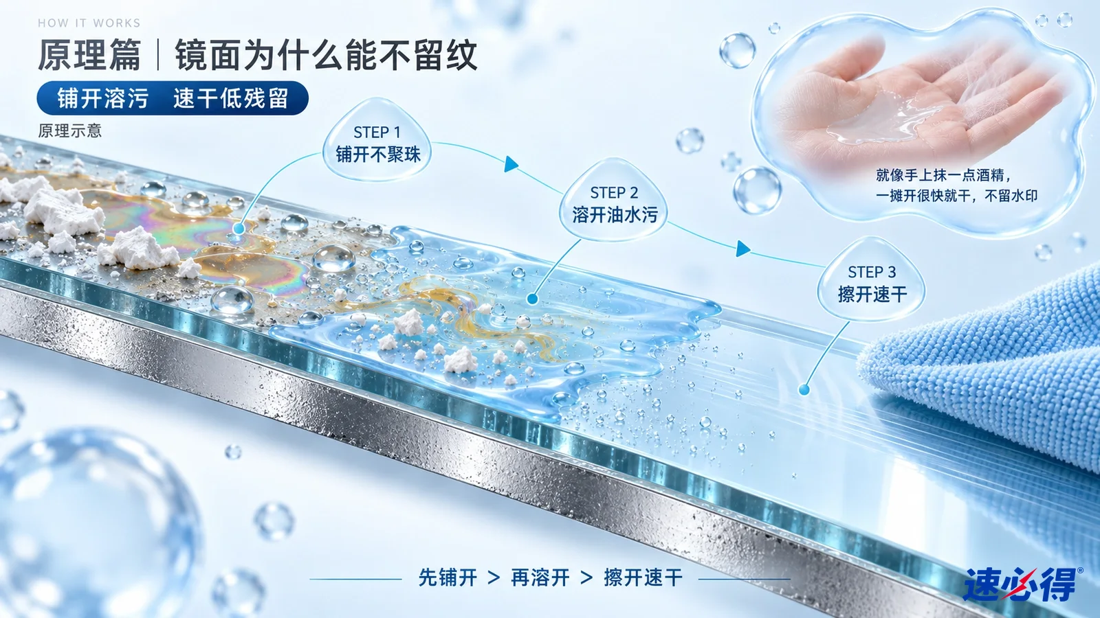 示意图:镜面剖面、污渍颗粒、液滴、箭头和蓝色布展示污渍移除过程。