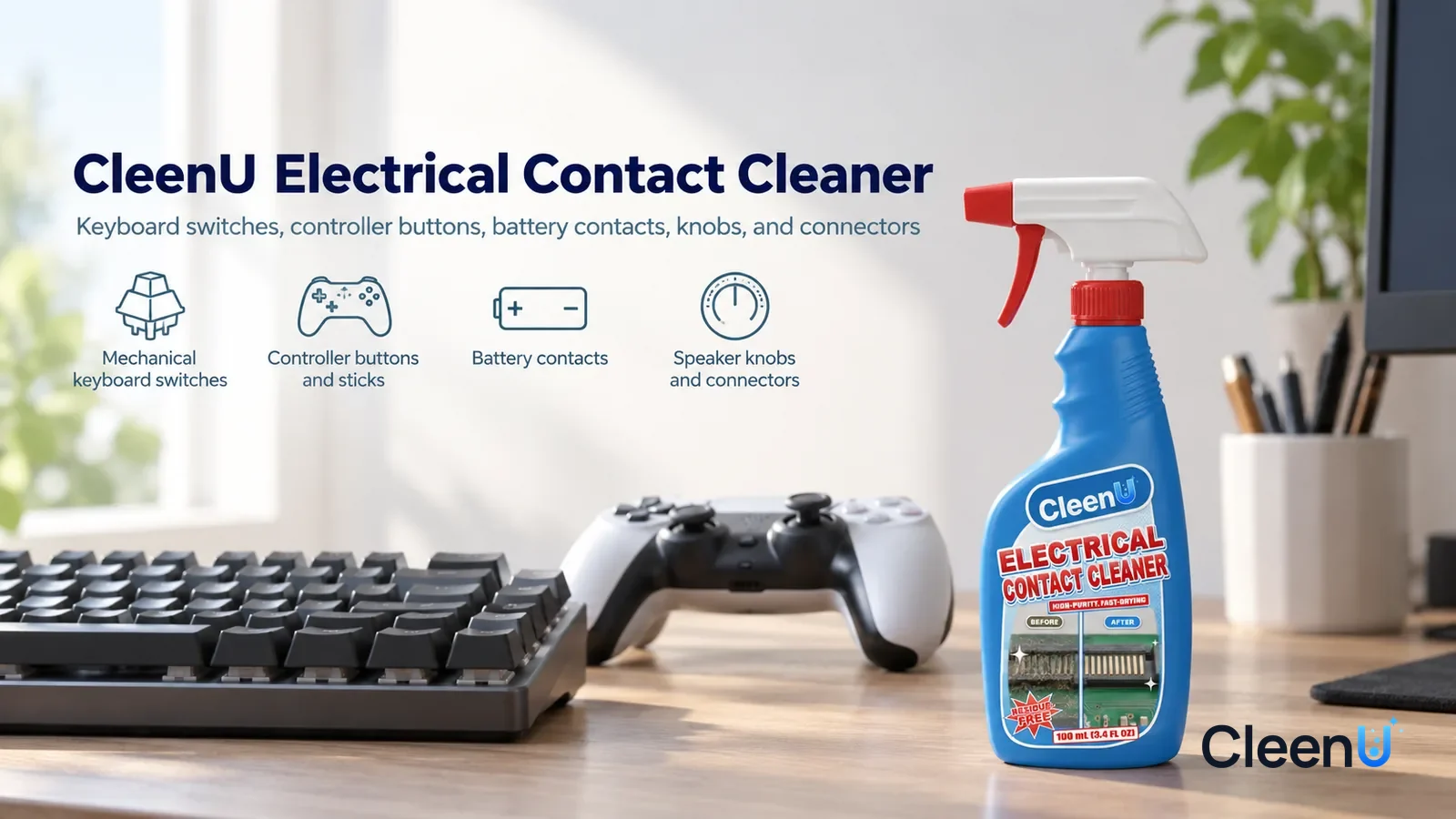 Illustration: CleenU Electrical Contact Cleaner — A bright, tidy home office, a mechanical keyboard and a game controller on the desk (no brand marks, screens and indicator lights off)