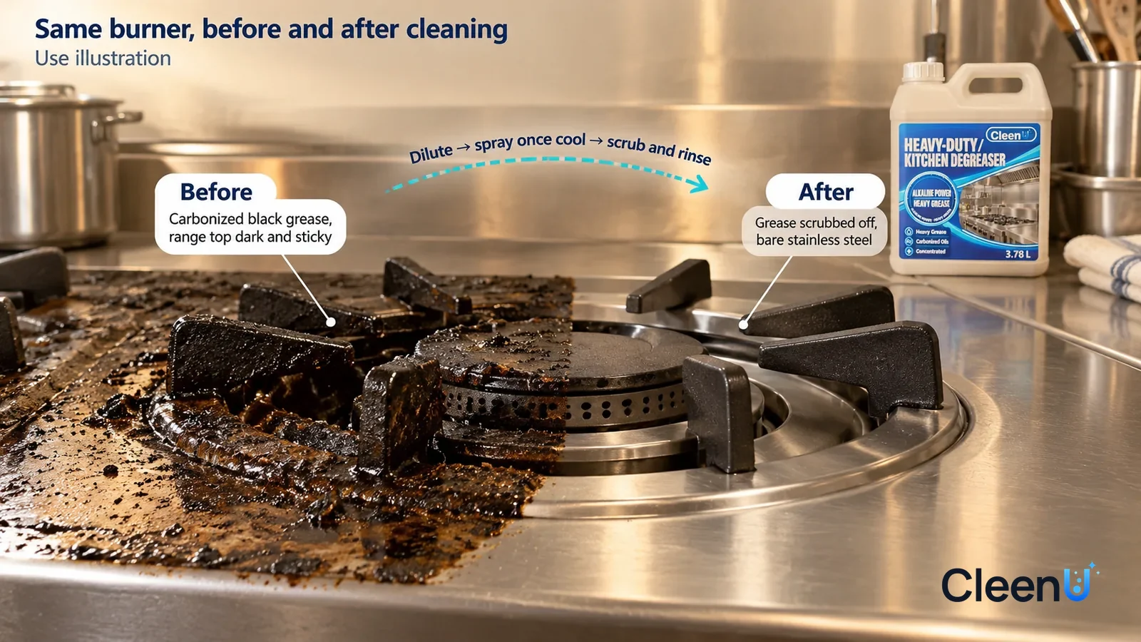 Illustration: CleenU Heavy-Duty Kitchen Degreaser — A full-screen low-angle close-up of a stainless-steel commercial wok-range burner and range top, in the same side light