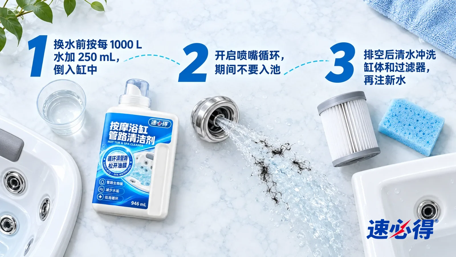示意图：速必得浴缸 SPA 清洁剂——① 一只盛着少量透明液体的单独透明量杯（杯上没有刻度数字），放在一段白色按摩浴缸缸沿样件旁；② 一只不锈钢喷嘴样件正喷出一股水流