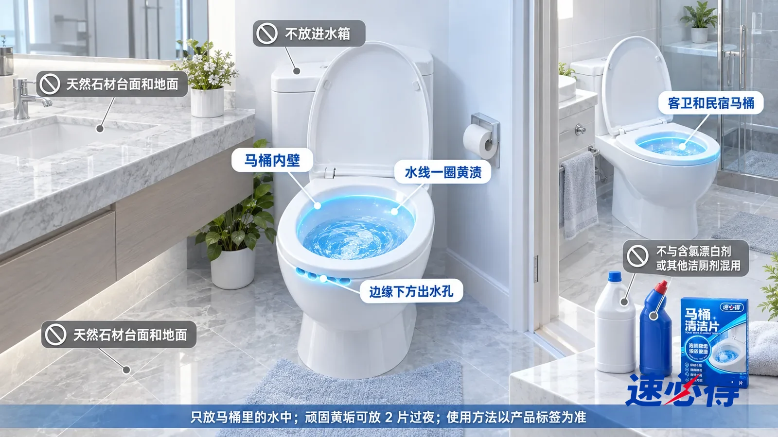 示意图：速必得马桶清洁片——一张写实 3D 剖面实景图，一套明亮的家的主卫和客卫区域，连续空间、一个视角，整体干净整洁，不出现包装：马桶内壁、清澈水面处的水线