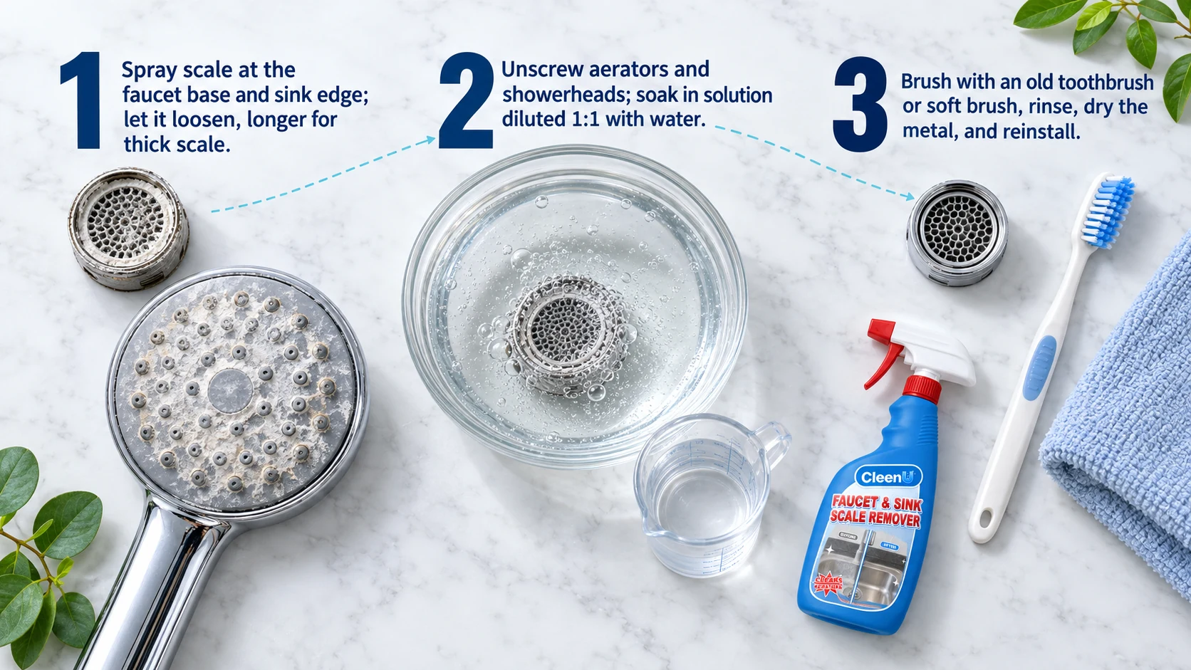 Illustration: Removed aerators, showerhead, glass bowl, brush and blue bottle with numbered steps.