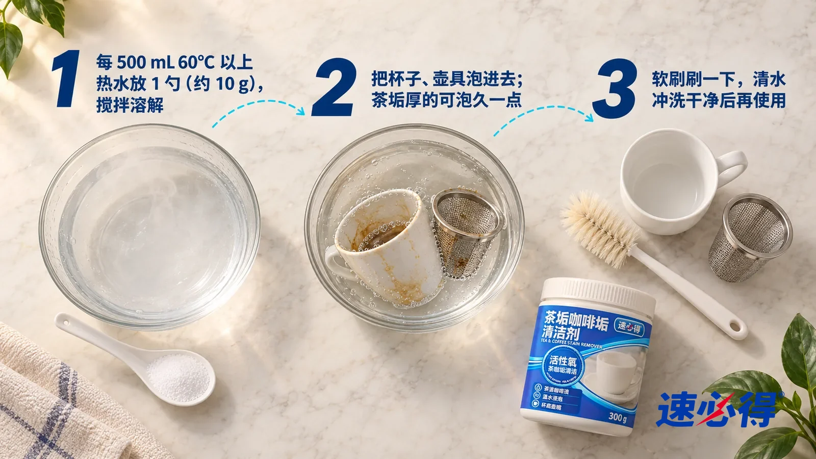 示意图:速必得茶垢咖啡垢清洁剂——正上方俯拍的浅色大理石台面,不出现瓶子和手:① 一只盛着热水的大玻璃碗,碗边一只单独的白色小勺盛着一勺白色细粉;② 一只带褐色茶垢的白瓷杯和
