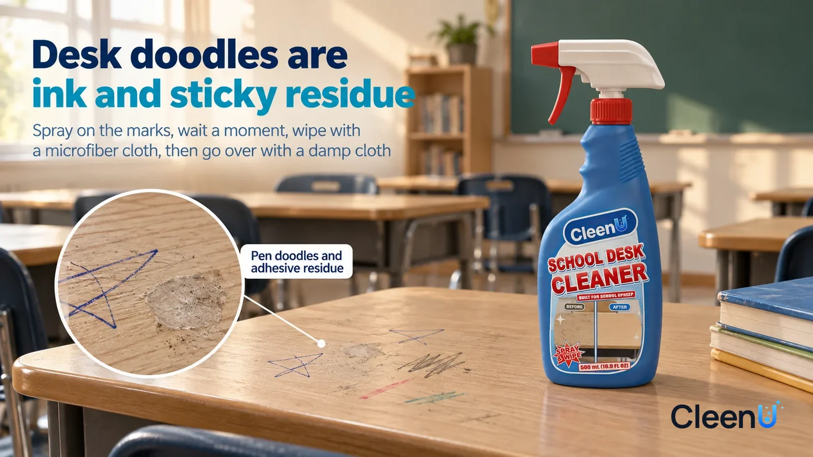 Illustration: CleenU School Desk Cleaner — An empty classroom after school, a row of light wood-grain laminate desks and plastic chairs; in raking side light Headline: "Desk doodles are ink and sticky