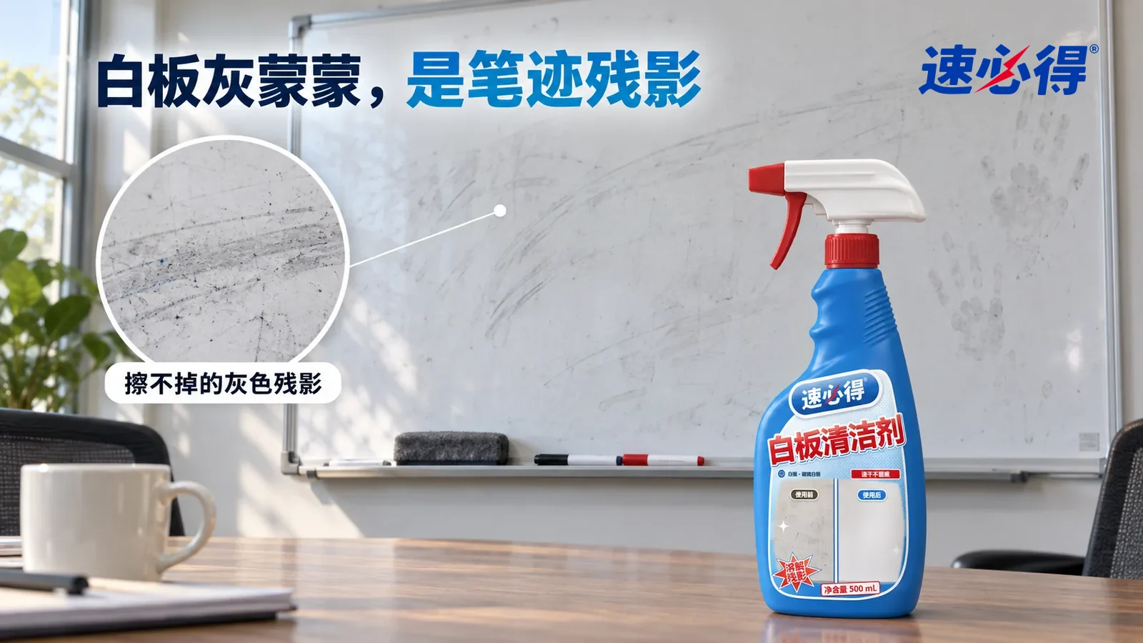 示意图：速必得白板清洁剂——一间家常的小会议室，墙上一块白色搪瓷白板，窗光斜照下板面一层灰蒙蒙的残影、几道抽象的淡灰色旧笔迹弧线和几枚手印清楚可见