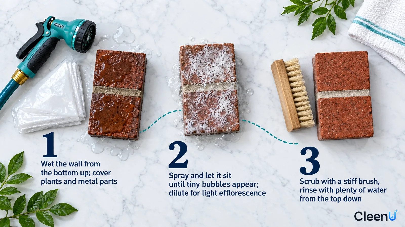 Illustration: Red brick samples, white efflorescence, a hose nozzle and wooden brush with numbered steps.