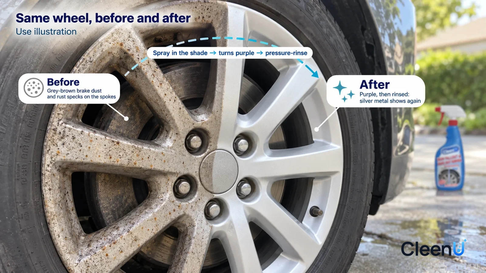 Illustration: CleenU Iron Fallout & Brake Dust Remover — A full-screen low-angle close-up of a silver wheel in soft shaded daylight, no bottle