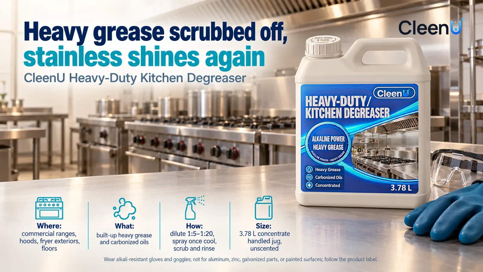 Illustration: CleenU Heavy-Duty Kitchen Degreaser, capped, stands in the right third of the frame on the stainless-steel prep table Headline: "Heavy grease scrubbed off, stainless shines again"