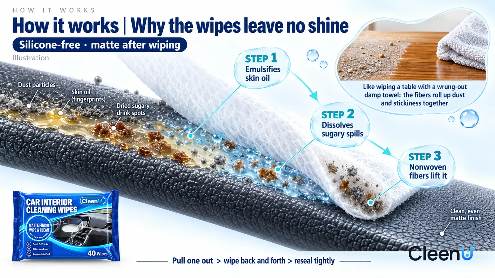 Illustration: CleenU Car Interior Cleaning Wipes — an enormously magnified slice of textured dashboard plastic runs diagonally from upper left to lower right; on the left dust particles sit o