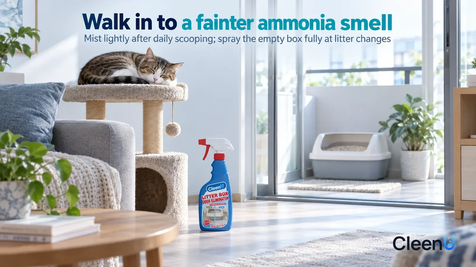 Illustration: CleenU Litter Box Odor Eliminator — A bright early-morning living room, a cat curled up asleep on top of a cat tree by the window Headline: "Walk in to a fainter ammonia smell"
