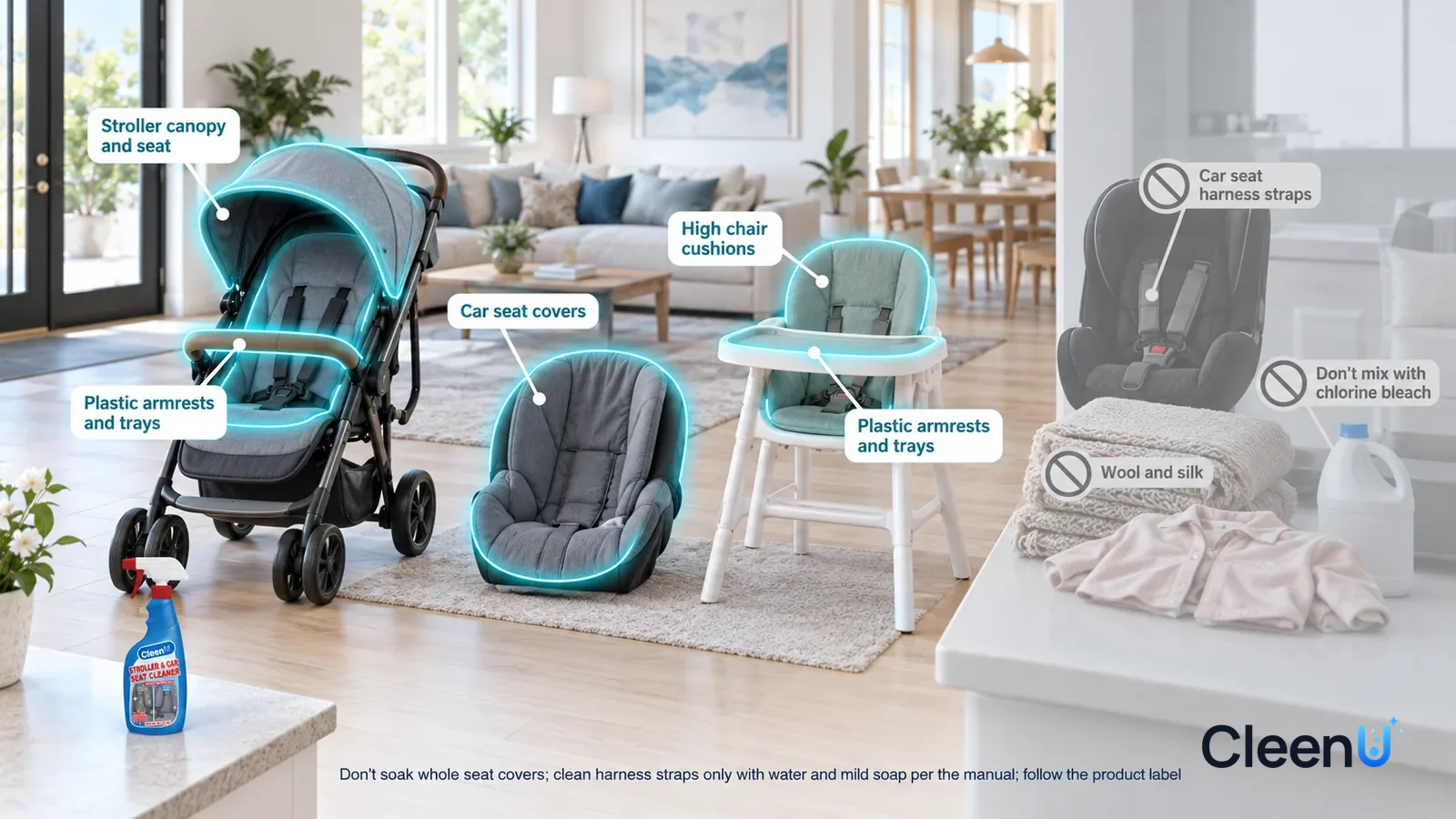 Illustration: CleenU Stroller & Car Seat Cleaner — A realistic 3D cutaway of a bright home's entryway, living room, and dining room, one continuous space from one viewpoint