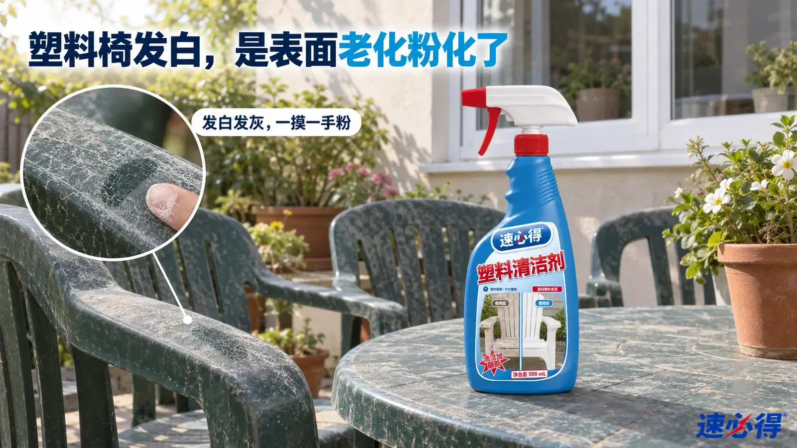 示意图：绿色塑料椅的灰白粉化表面和蓝色喷瓶。