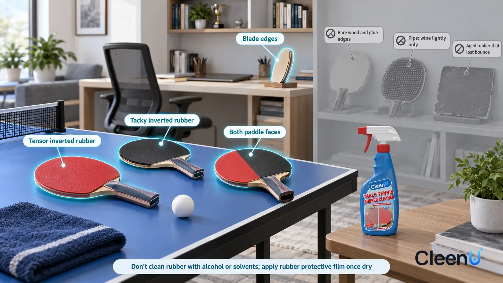 Illustration: CleenU Table Tennis Rubber Cleaner — A realistic 3D cutaway of a bright home's game room and study, one continuous space from one viewpoint