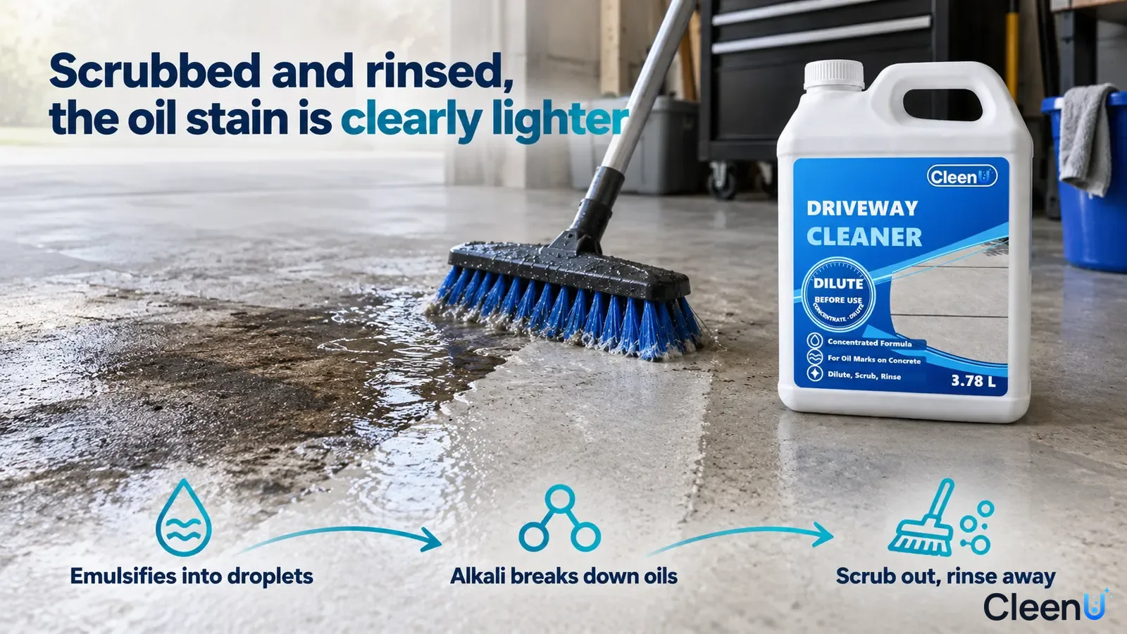 Illustration: A long-handled brush washing an oil stain on wet concrete beside a white cleaner jug.