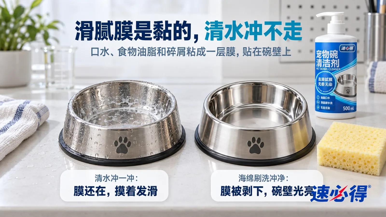 示意图：速必得宠物碗清洁剂——白色测试台上并排放着两只同样的不锈钢宠物碗，内壁都有一样透明发亮的滑腻膜和一圈白色水渍，标题“滑腻膜是黏的，清水冲不走”
