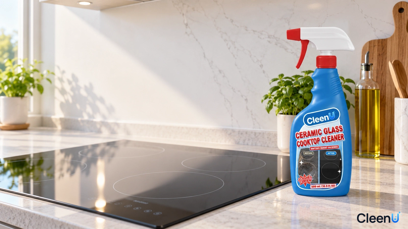 Illustration: A blue cleaner bottle beside a black glass cooktop in a bright kitchen.