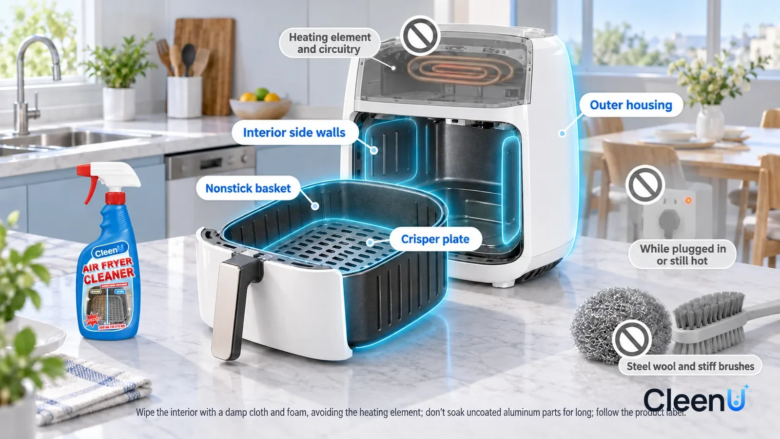 Illustration: CleenU Air Fryer Cleaner — A realistic 3D cutaway of a bright home's kitchen and dining area, one continuous space from one viewpoint