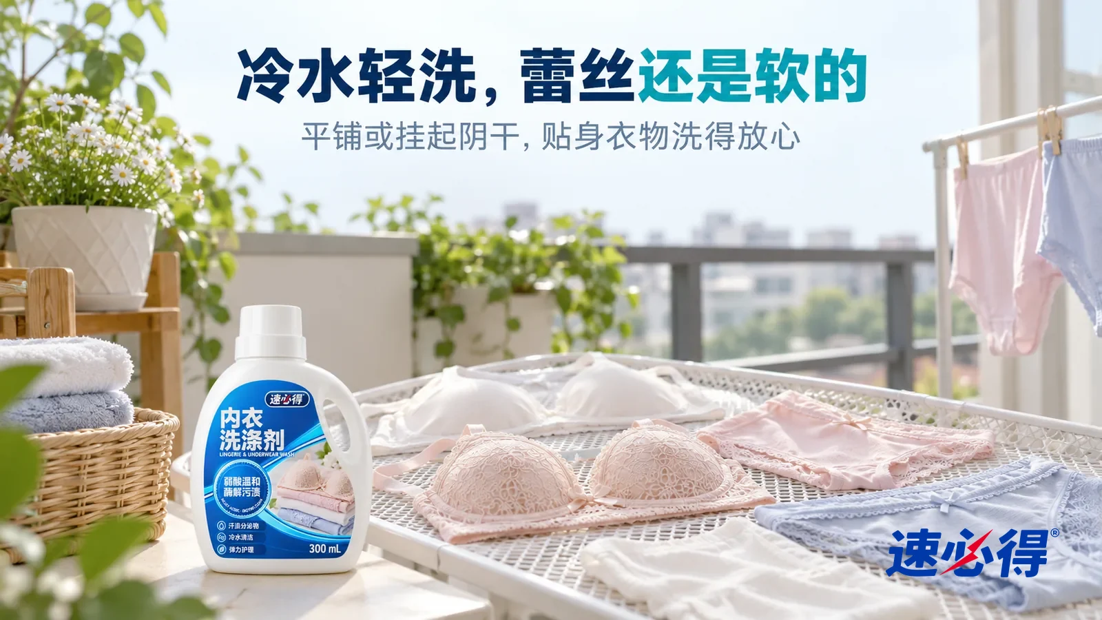 示意图：速必得内衣洗涤剂——明亮通风的阳台角落，几件洗好的浅粉、白色和浅蓝色内衣与一件蕾丝文胸平铺在白色网状晾衣架上，一旁挂着两条棉质内裤，柔和的散射光，没有阳光直晒，标题“冷水轻洗，蕾丝还是软的”