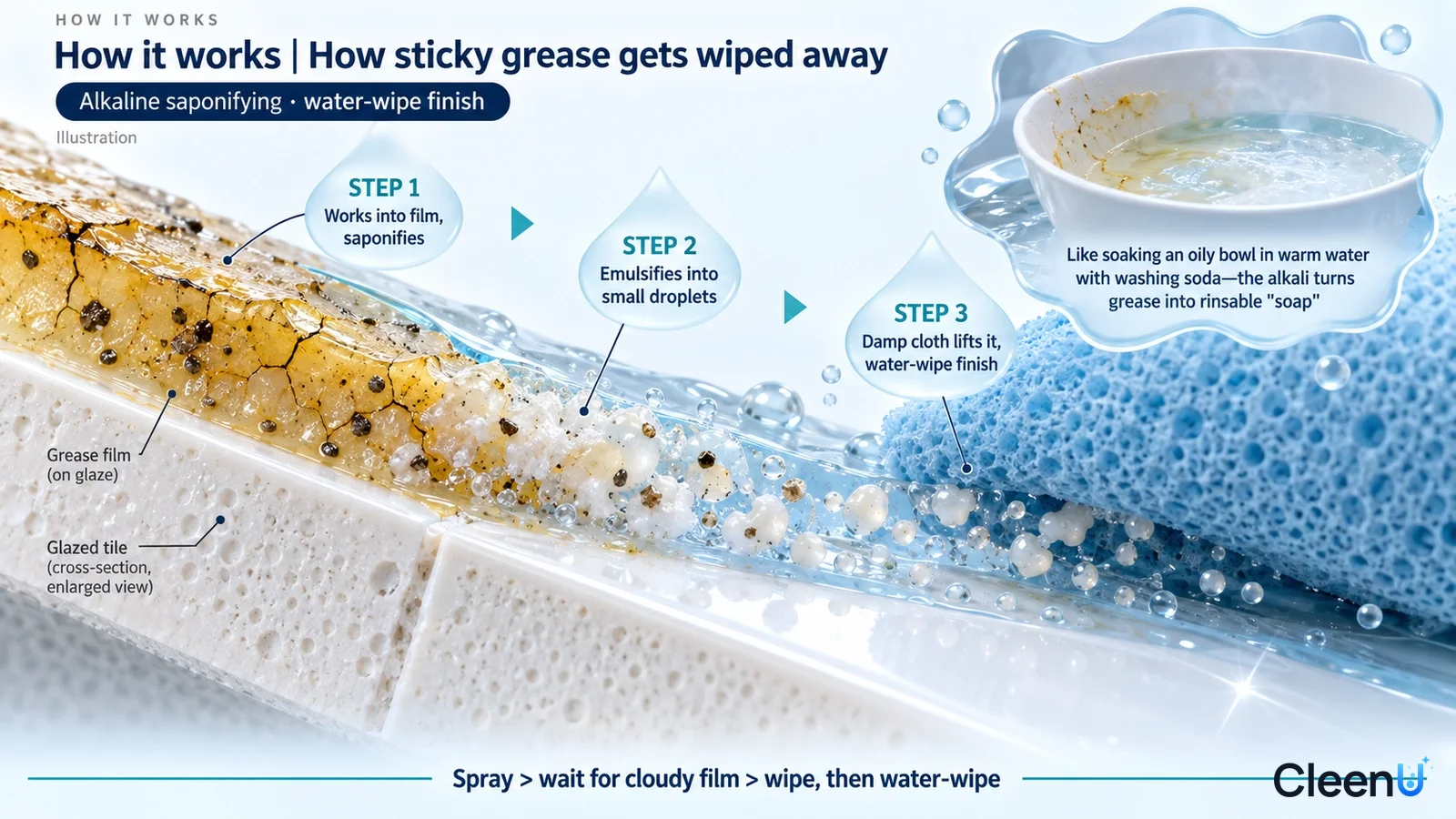 Illustration: A tiled surface cross-section with yellow grease, foam and a sponge.