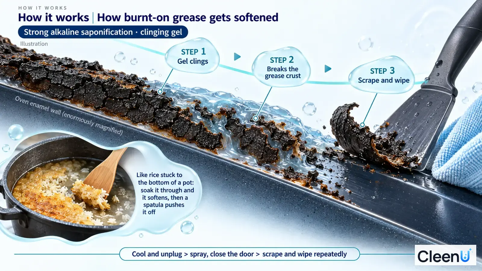 Illustration: A black burnt-grease layer on an oven surface cross-section with liquid and a scraper.