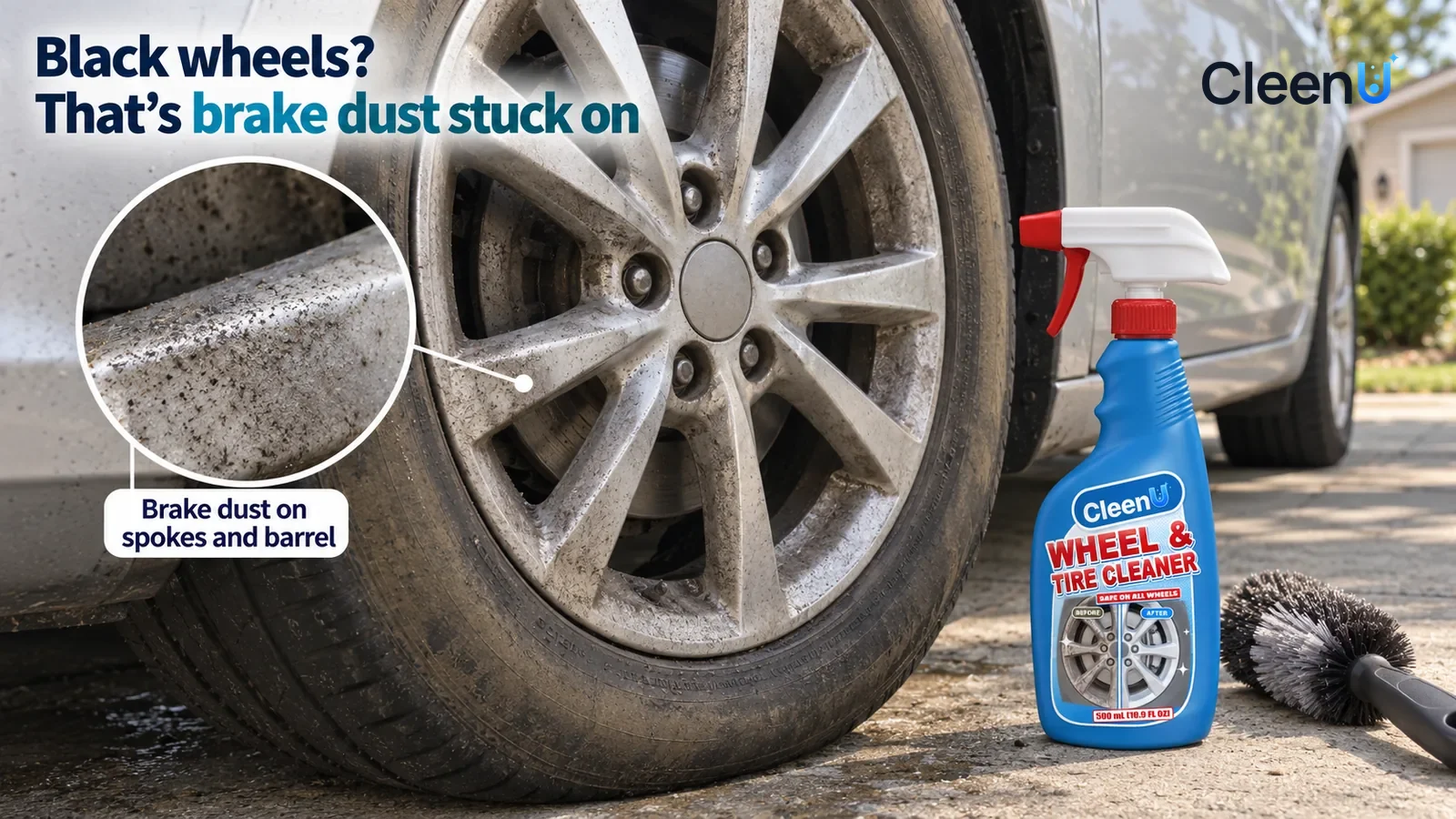 Illustration: CleenU Wheel & Tire Cleaner — A home driveway, a close-up of the front wheel of a family sedan (no logos