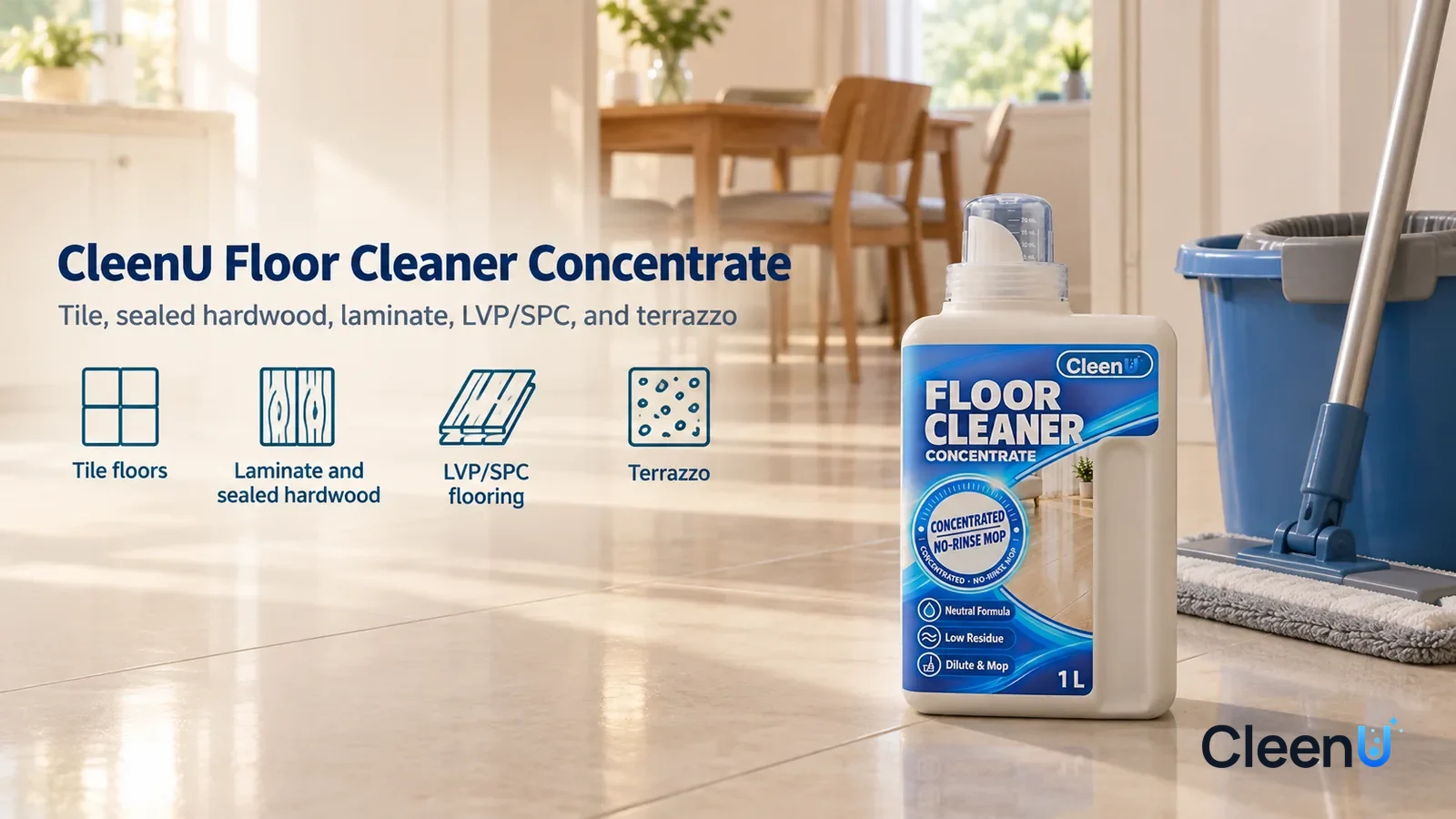 Illustration: CleenU Floor Cleaner Concentrate — A bright, clean dining area and kitchen doorway, the light tile floor even in color with no footprints or streaks