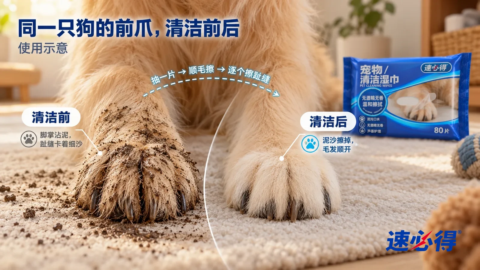 示意图:速必得宠物清洁湿巾——整屏一只浅金色中型犬并排搭在浅色地垫上的两只前爪的低角度大近景,同一侧光:没擦的一只沾满湿泥,趾缝卡着细沙
