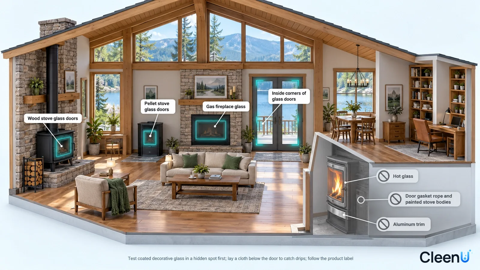 Illustration: Highlighted fireplaces and stove door glass beside temperature and material precaution icons.