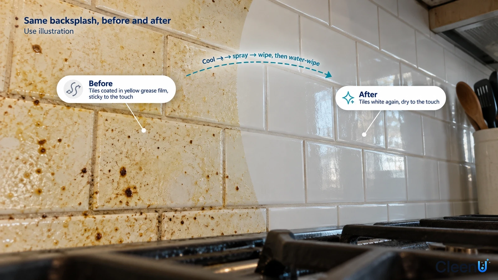 Illustration: Yellow grease beside a clearer tiled backsplash area; not a measured cleaning test.