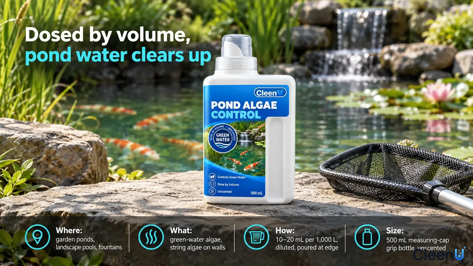 Illustration: A white treatment bottle and net on a pond edge with fish visible in the water.