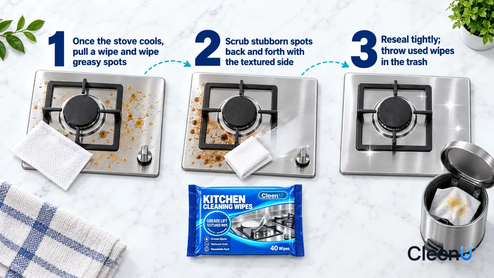 Illustration: CleenU Kitchen Cleaning Wipes — an overhead shot straight down onto a light marble tabletop, no hands: (1) an unfolded textured white wipe beside a stainless-steel stovetop