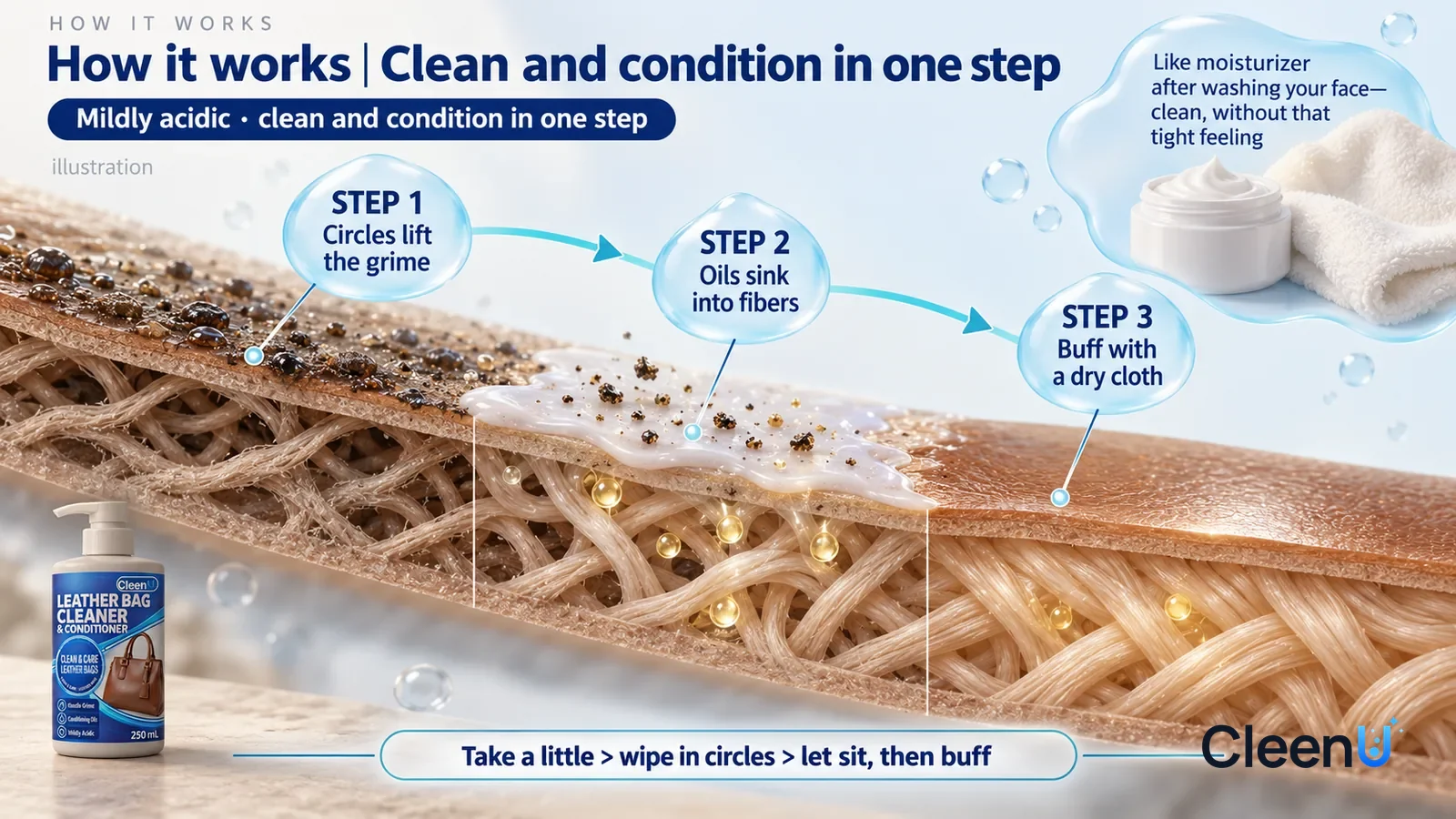 Illustration: CleenU Leather Bag Cleaner & Conditioner — an enormously magnified cross-section of smooth leather runs diagonally from upper left to lower right