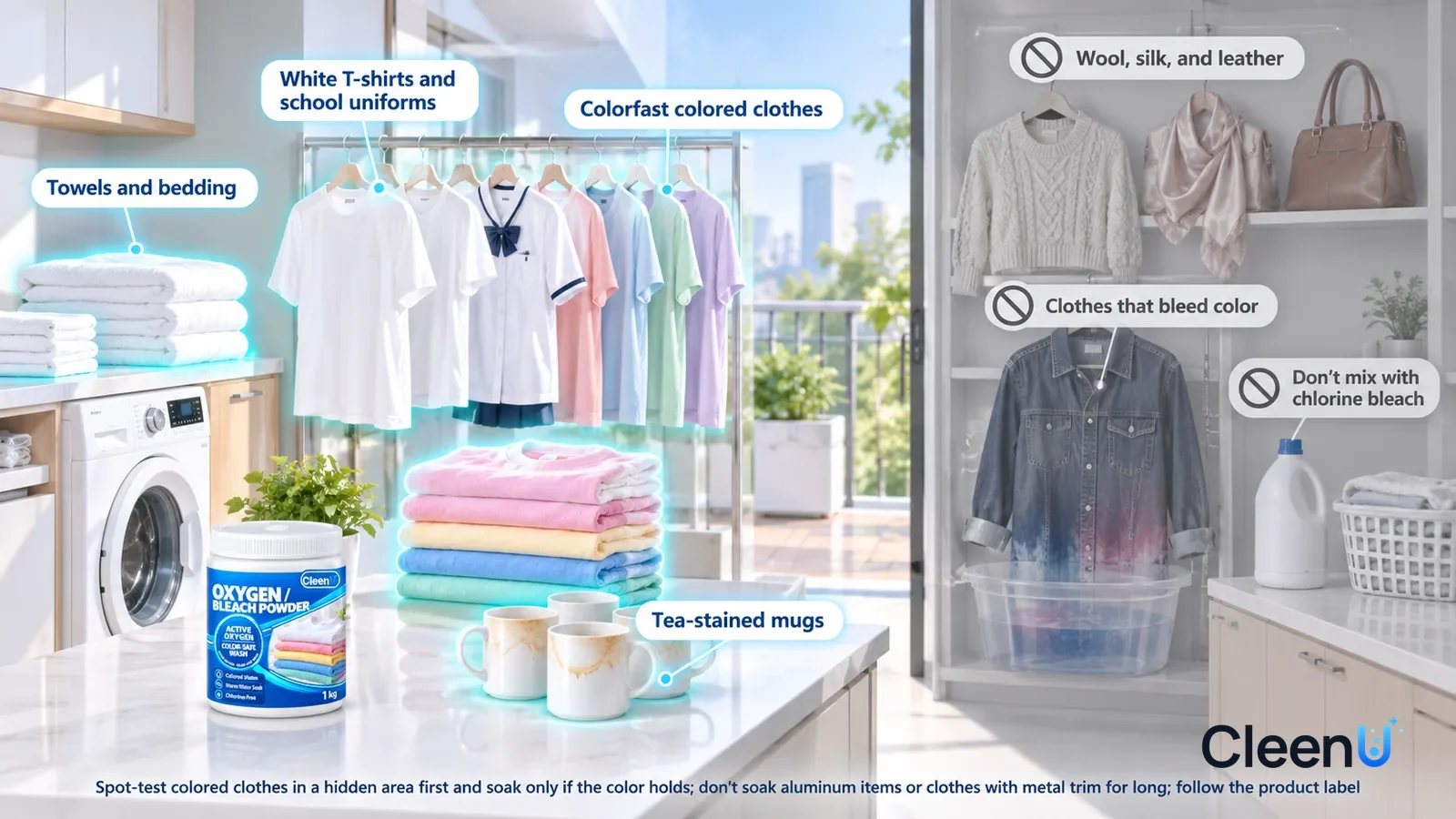Illustration: CleenU Oxygen Bleach Powder — A realistic 3D cutaway of a bright home's laundry room, balcony, and kitchen, one continuous space from one viewpoint