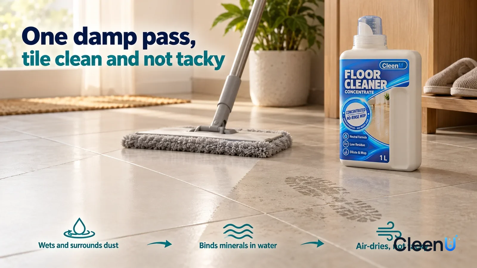 Illustration: CleenU Floor Cleaner Concentrate — a light grey mop wrung until just damp has just made one pass, the mopped strip even in color with clean grout lines