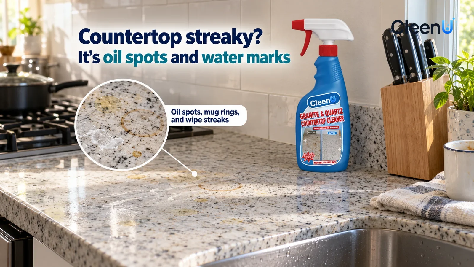 Illustration: CleenU Granite & Quartz Countertop Cleaner — An everyday kitchen, a stretch of white-and-grey granite countertop running from the stove to the sink; in raking side light the countertop