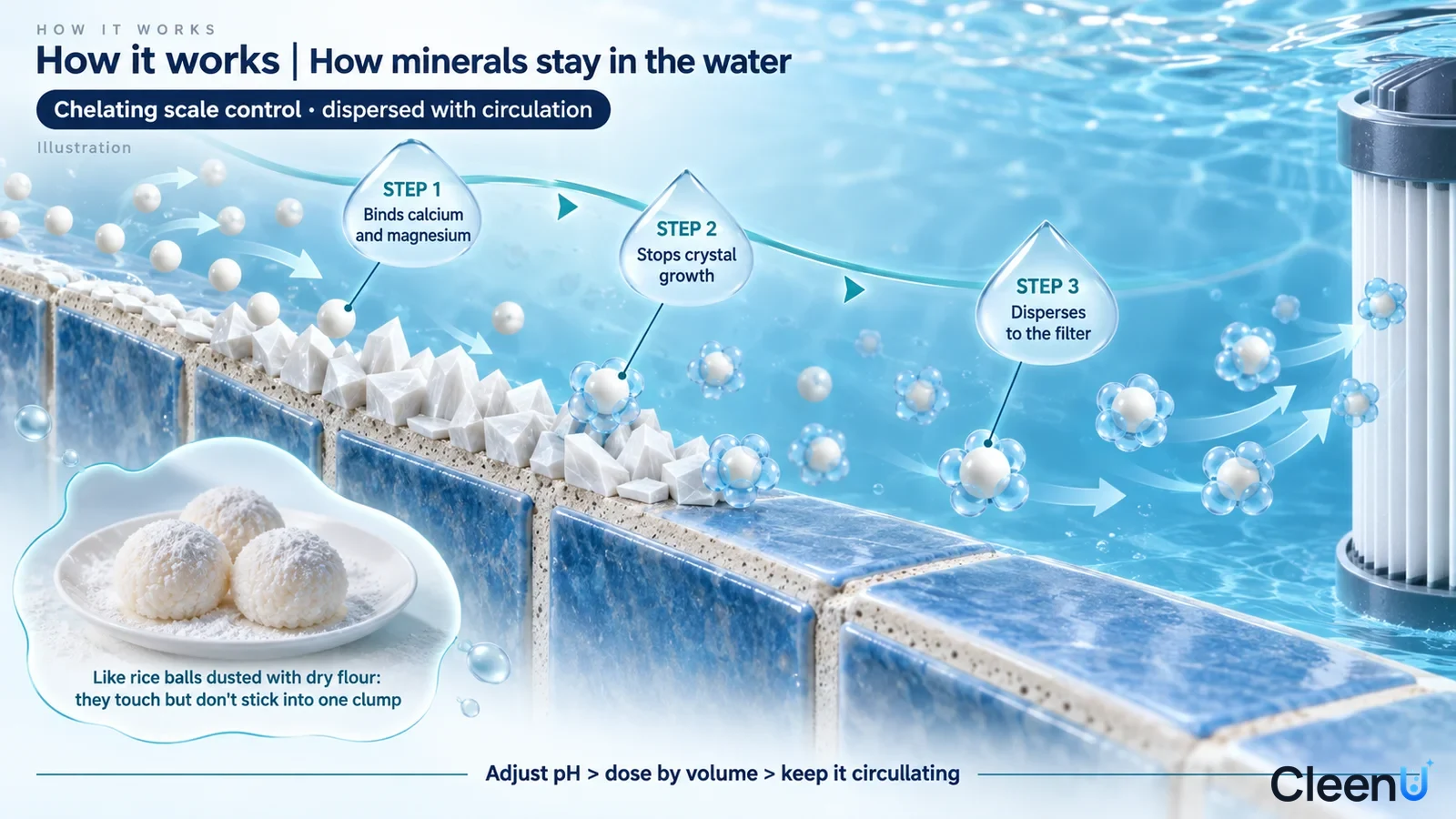 Illustration: White particles beside pool tiles, blue water and a filter in a diagram.