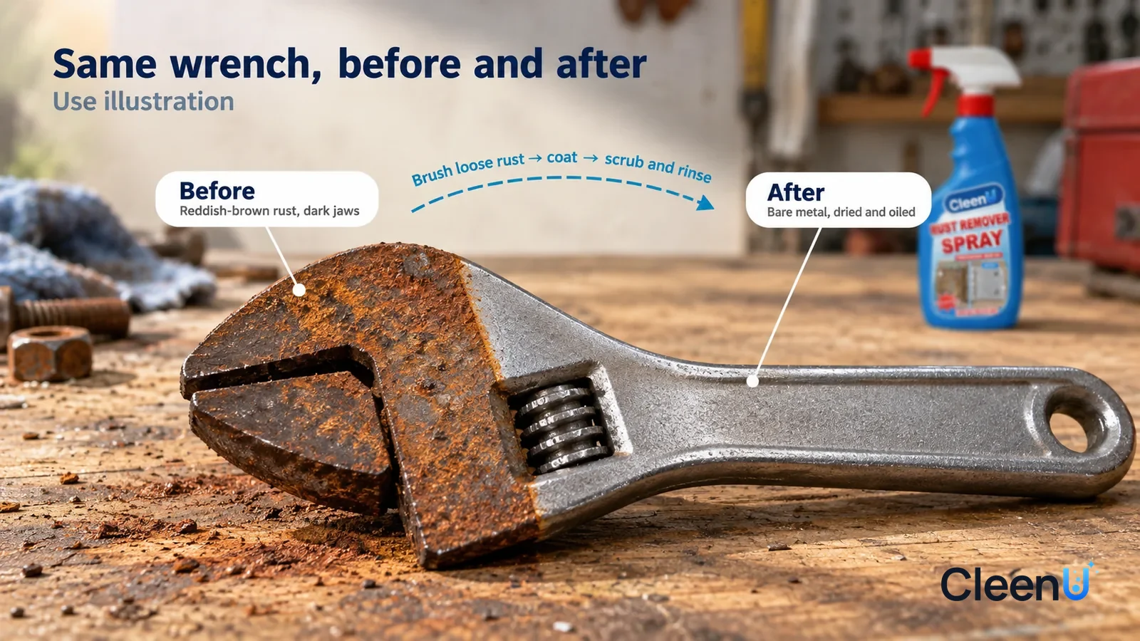 Illustration: CleenU Rust Remover Spray — A full-screen low-angle close-up of a steel adjustable wrench lying on a wooden workbench in the same side light