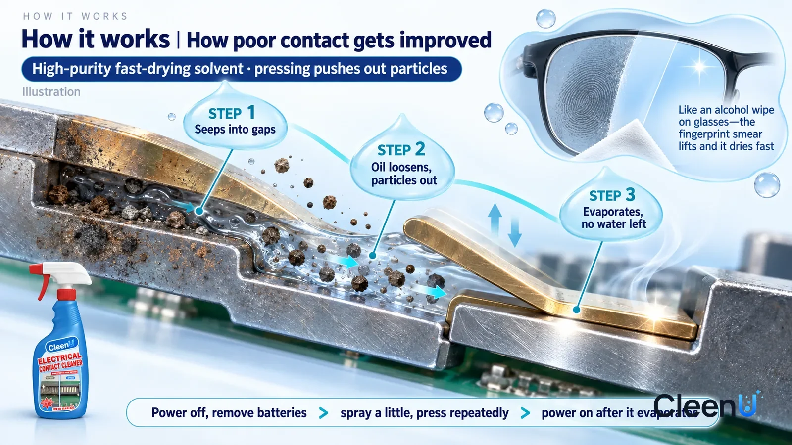 Illustration: CleenU Electrical Contact Cleaner — an enormously magnified cross-section of a metal contact and its spring leaf runs diagonally from upper left to lower right; on the left a l