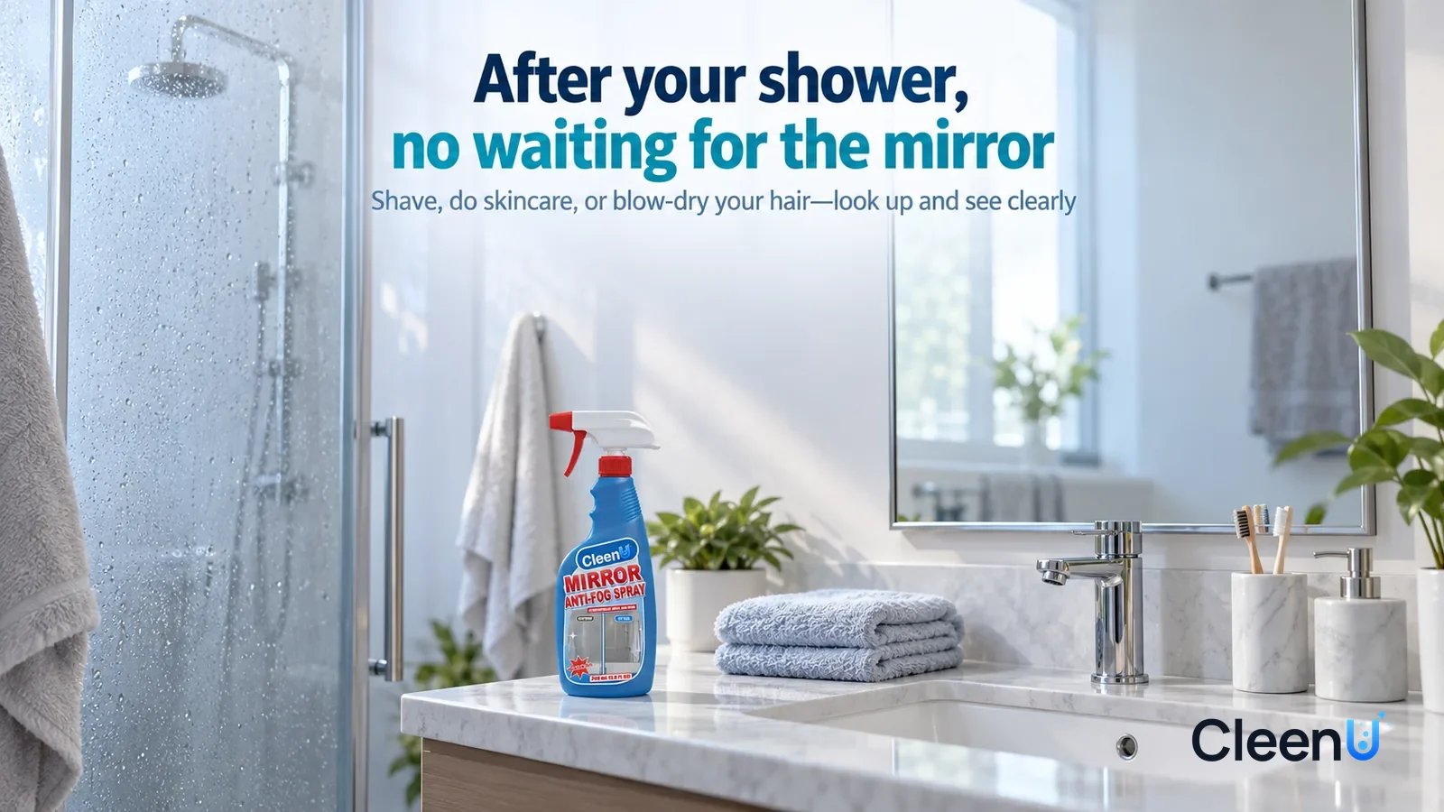 Illustration: CleenU Mirror Anti-Fog Spray — A bright early-morning bathroom, steam from a just-finished shower still on the shower glass, yet the mirror above the vanity is clear Headline: "After you