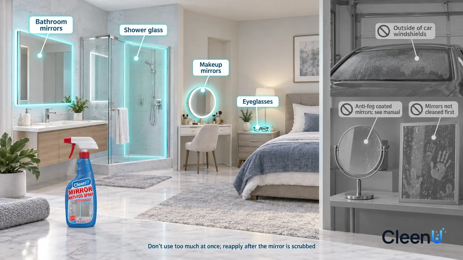 Illustration: CleenU Mirror Anti-Fog Spray — A realistic 3D cutaway of a bright home's main bathroom, bedroom, and garage, one continuous space from one viewpoint