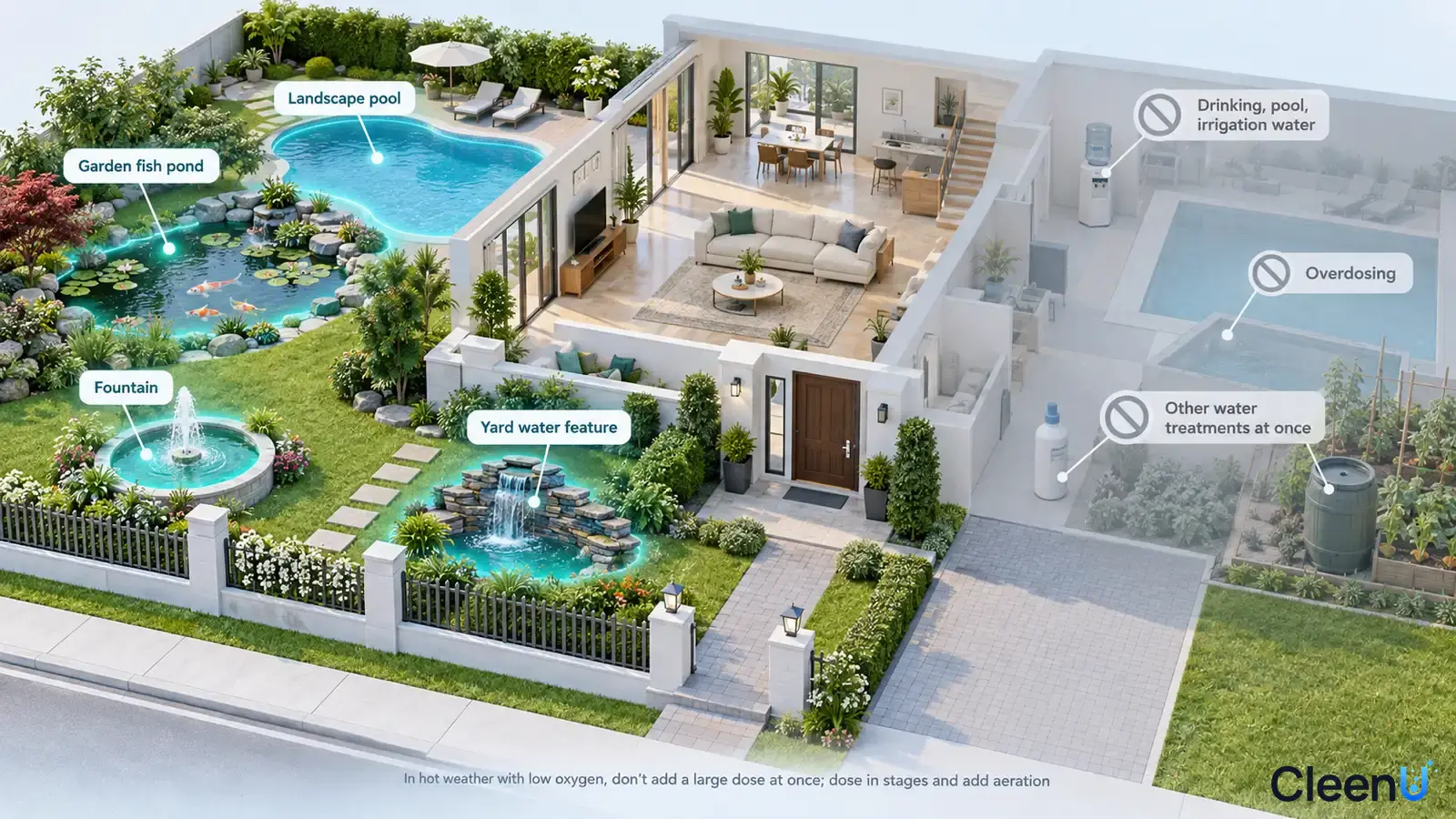 Illustration: Highlighted garden ponds, ornamental pools and fountains beside water-feature precautions.