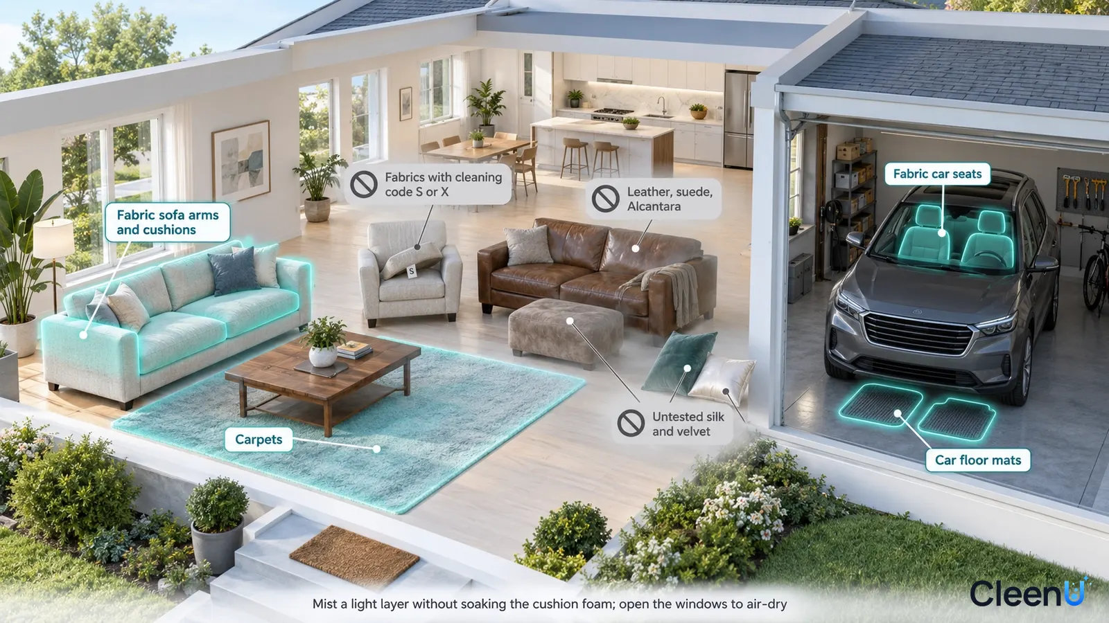 Illustration: A home and garage cutaway highlighting fabric sofas, rugs and car seats beside material precaution icons.