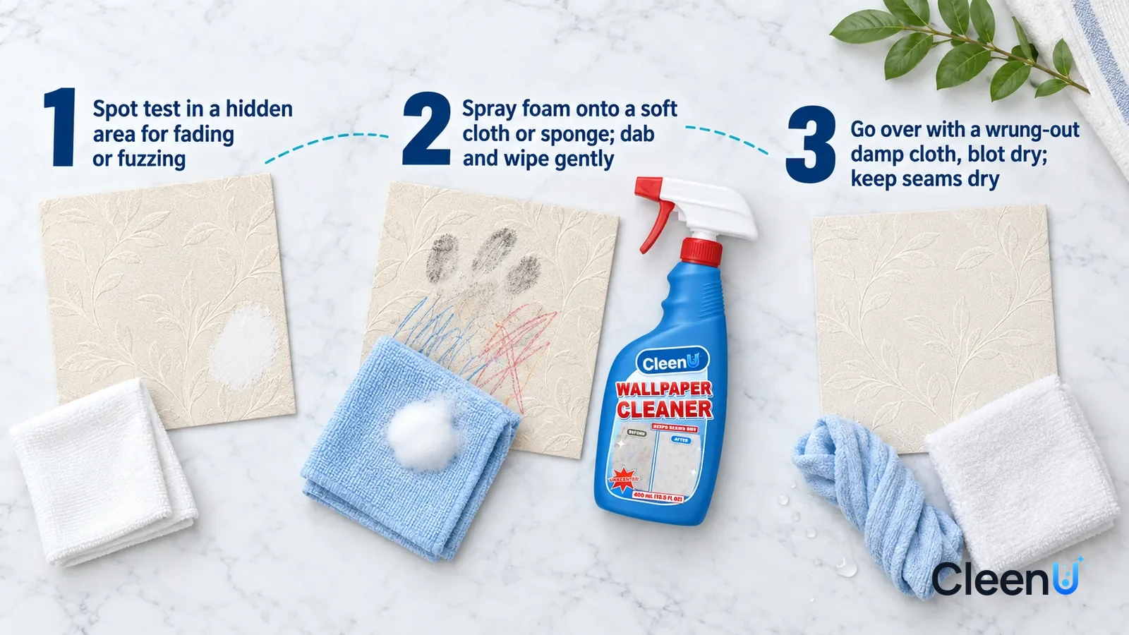 Illustration: CleenU Wallpaper Cleaner — an overhead shot straight down onto a light marble tabletop, no hands: (1) a pale beige embossed wallpaper swatch with a small test-wiped sp
