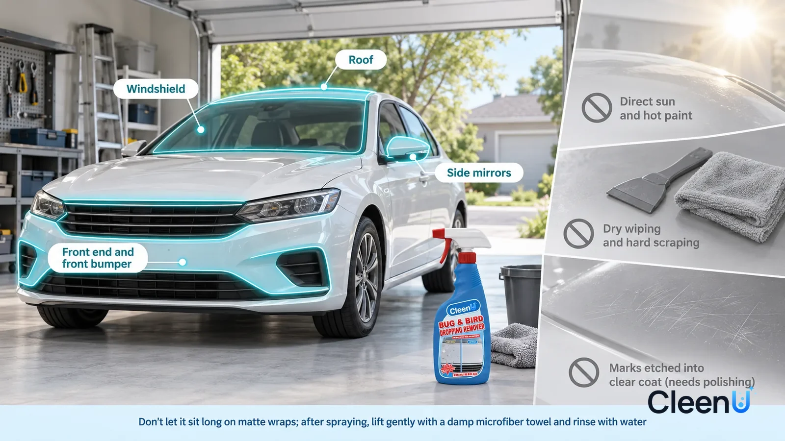 Illustration: CleenU Bug & Bird Dropping Remover — A realistic 3D cutaway of a bright home garage and a short stretch of driveway outside