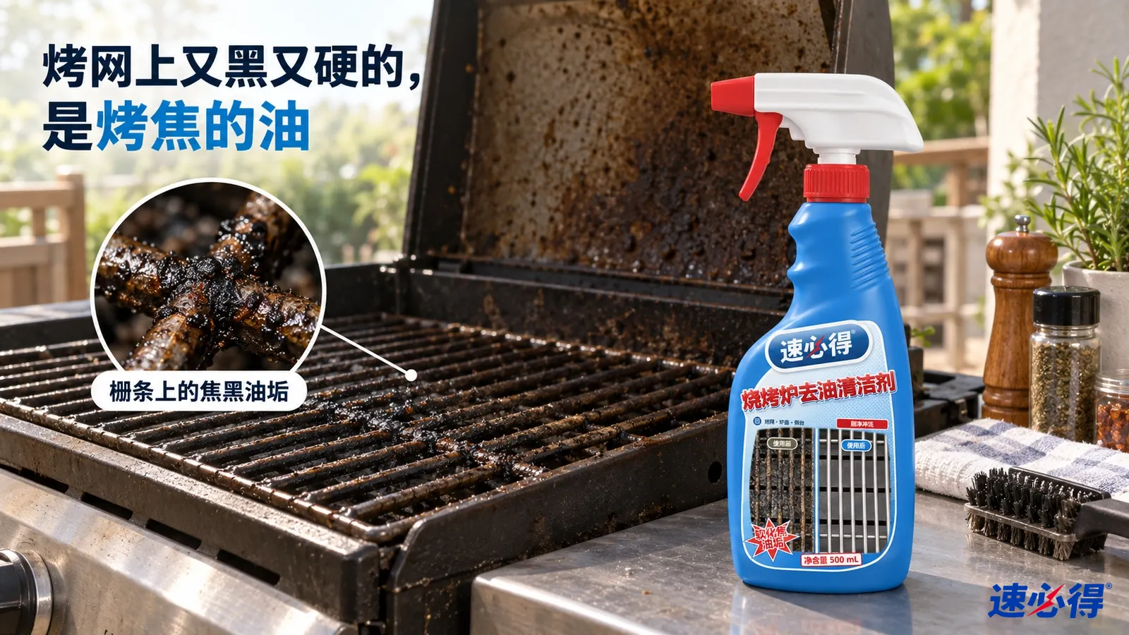 示意图：烧烤炉烤网上附有黑色焦油垢，蓝色烧烤炉清洁剂喷瓶放在旁边。