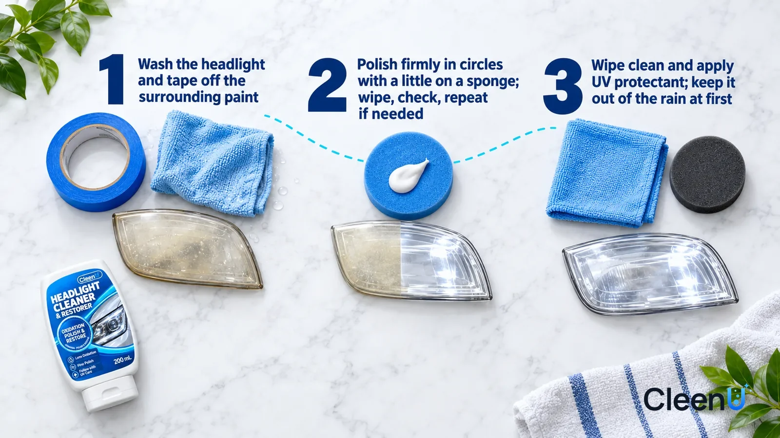 Illustration: CleenU Headlight Cleaner & Restorer — an overhead shot straight down onto a light marble tabletop, no bottle and no hands: (1) a roll of painter's tape, a damp microfiber cloth