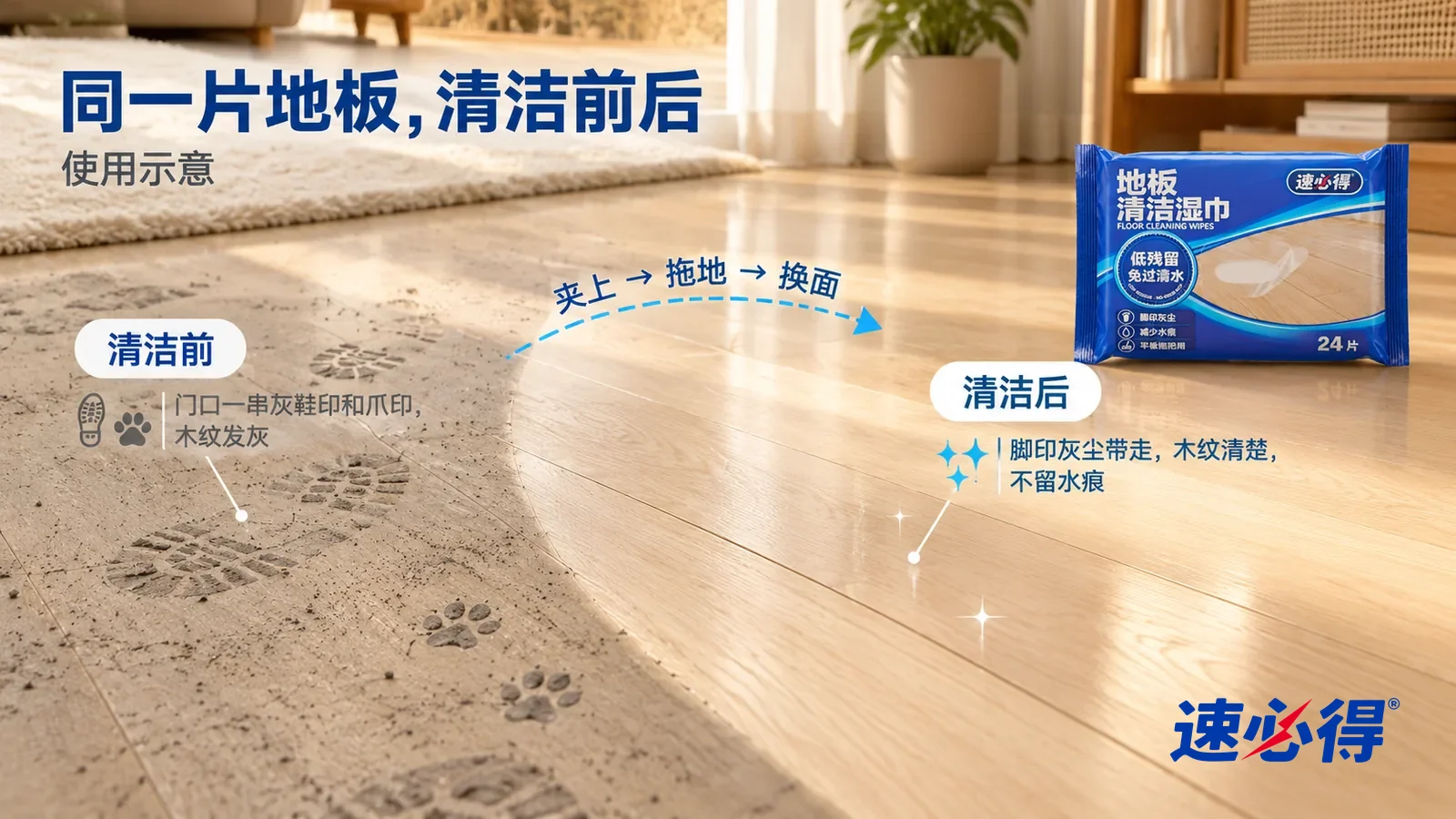 示意图:速必得地板清洁湿巾——整屏一片浅色复合木地板的低角度大近景,同一侧光:没处理的一侧有灰色鞋印、小爪印和一层浮灰,木纹发灰;处理过的一侧干净,木纹清楚