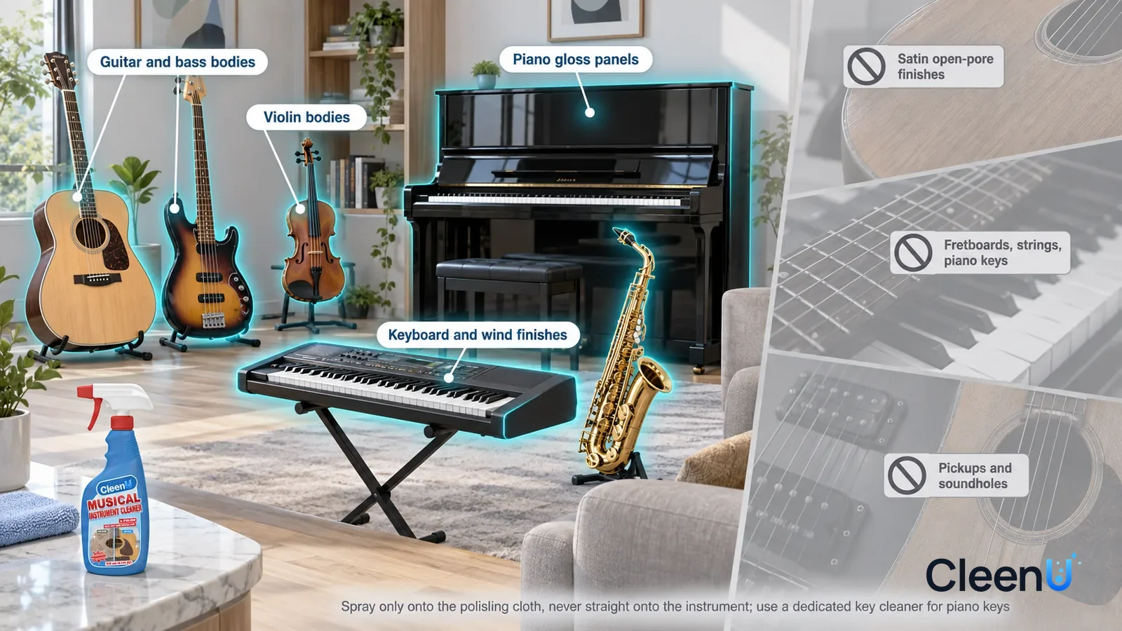 Illustration: CleenU Musical Instrument Cleaner & Polish — A realistic 3D cutaway of a bright home's music room and living room, one continuous space from one viewpoint